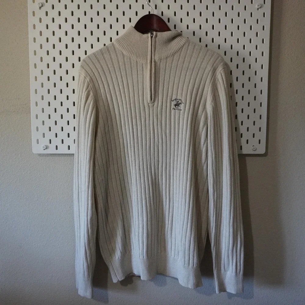 Beverly Hills Polo Club Sweater‎ cream tan Size L 1/4 zip